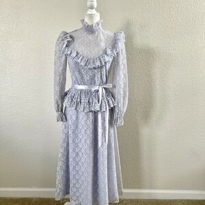 Vintage 70s Long Light Purple Lilac Ruffled Lace Maxi Dress Creations by Aria